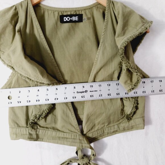 DO + BE, Khaki Green Crop Top Wrap Tie Waist Ruffled Sleeves Cotton, Festival, S - Picture 9 of 13